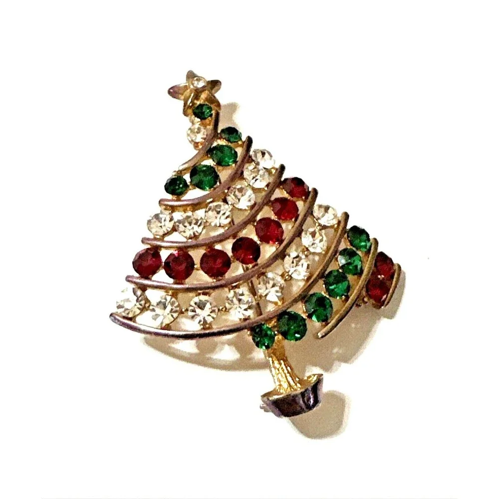 Vintage Christmas Tree Brooch Red Green Clear Rhinestones Gold Tone Mid Century